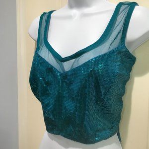 Teal Blue Sequin Sexy stylish designer Saree Blouse, size L. INDIAN ETHNIC. NWOT
